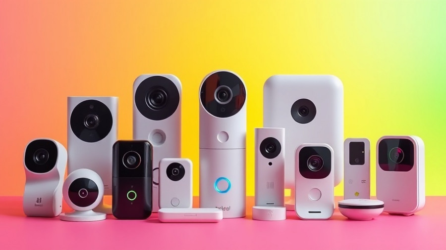 Smart home security devices on colorful background, showcasing deals.
