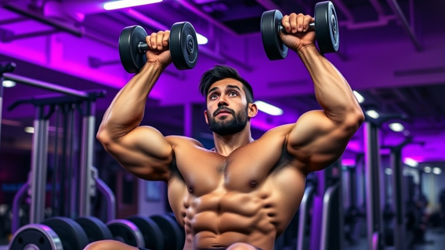 Muscular man doing seated dumbbell overhead press in gym