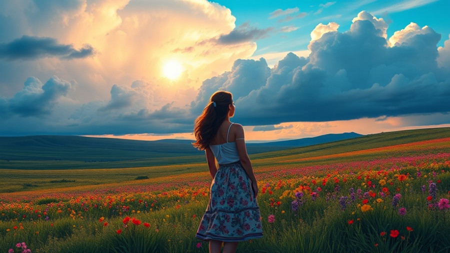 Vibrant cartoon of woman in landscape, promoting mental well-being.