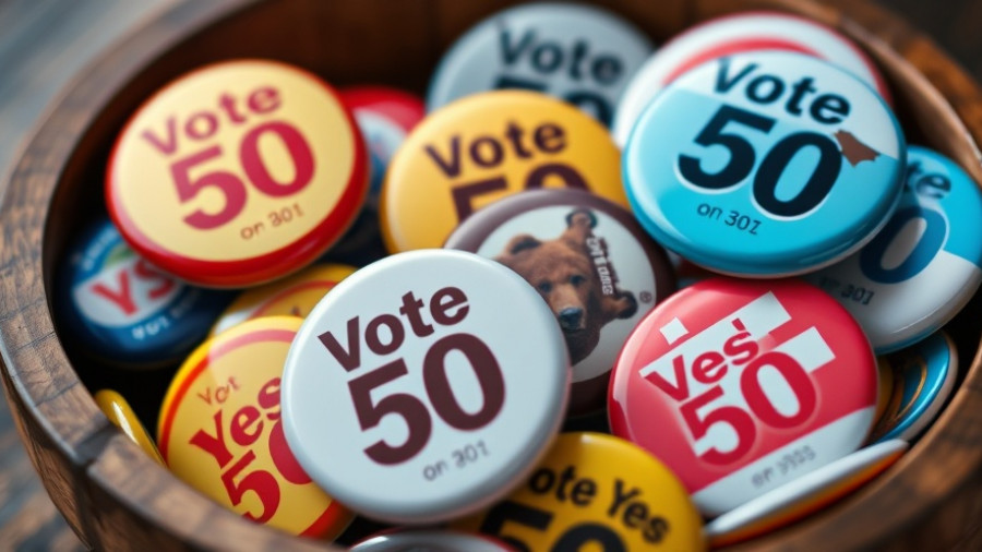 Political buttons in a bowl, highlighting 'Vote Yes on 50'.