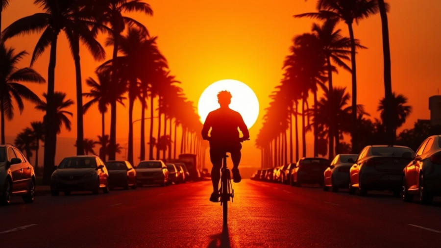 Cyclist on California street at sunset with palm trees.