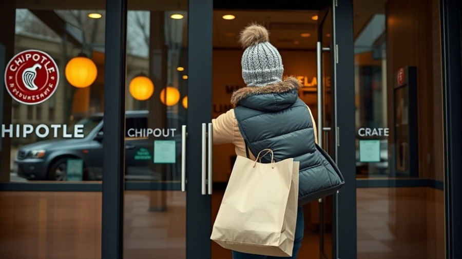 Customer exiting Chipotle with takeout, urban environment, K-shaped economy consumer spending.