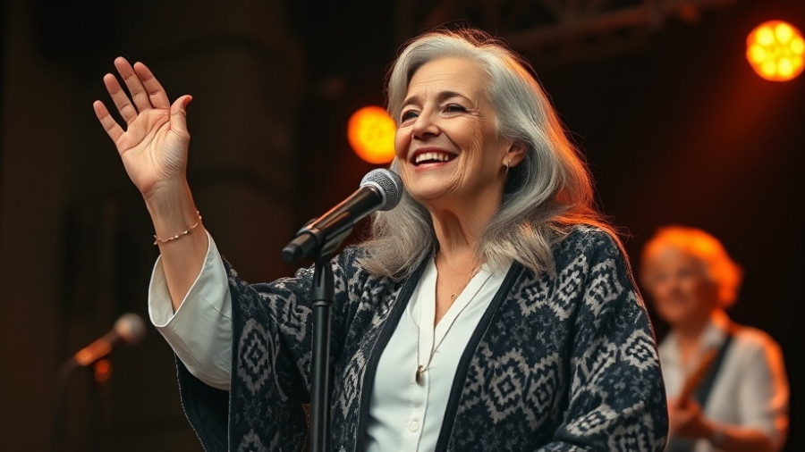 Elderly woman on stage performing, acknowledging audience.