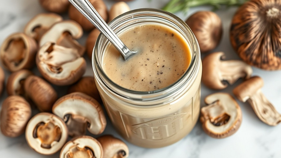 Homemade cream of mushroom soup in a mason jar with fresh mushrooms.