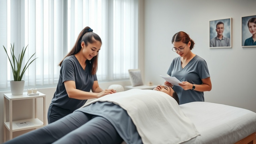 Massage therapy interviews scene with practitioner and observer in a calm setting.