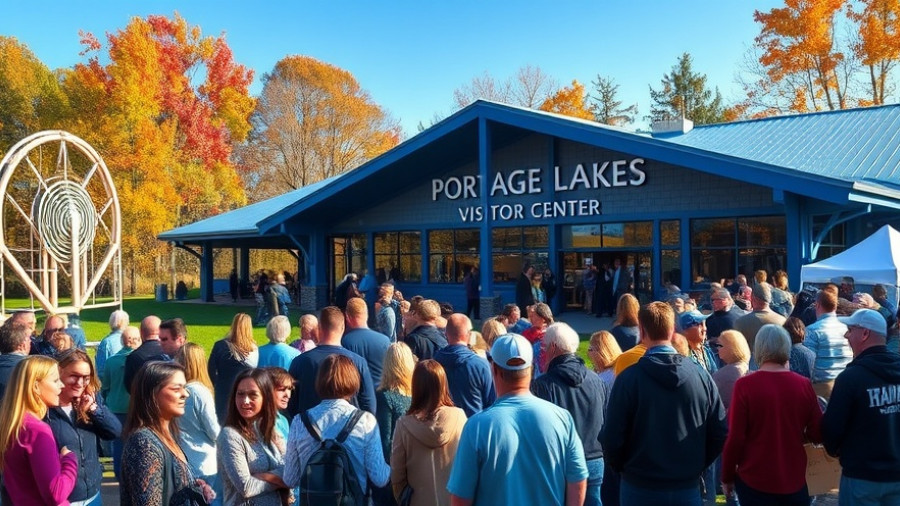 Exterior of Portage Lakes Visitor Center with crowd attending event.