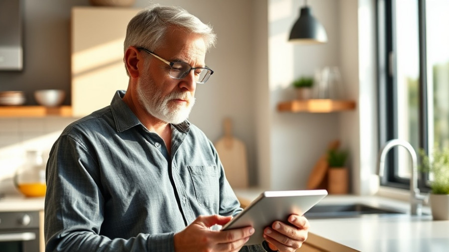 Middle-aged man using tablet in bright kitchen, setting up smart home devices.