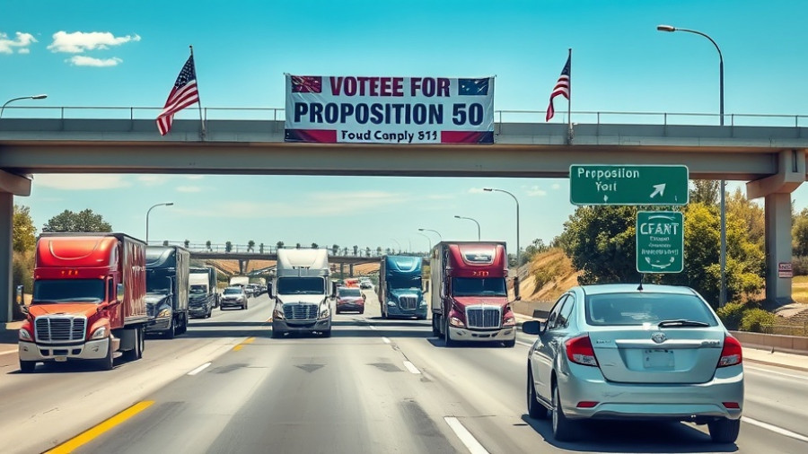 California Proposition 50 political banner on highway overpass.