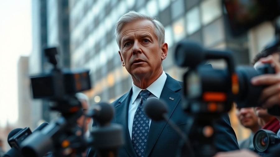 Formal man speaking to media outdoors, capturing press event.