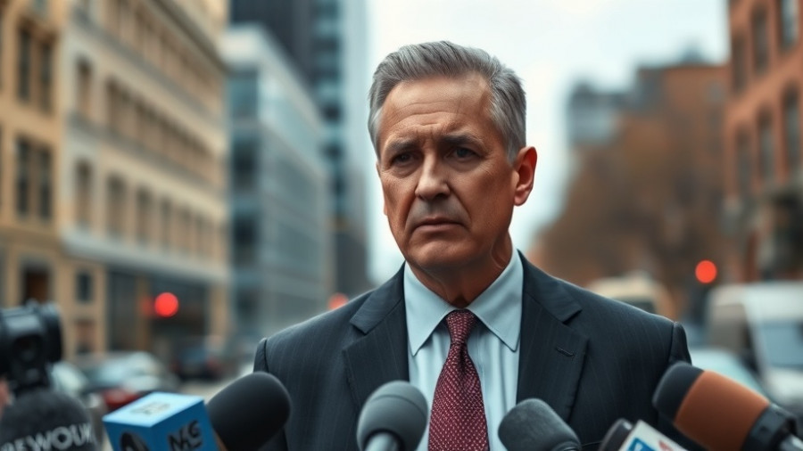 Senator speaking to press, potential California governor, urban setting.