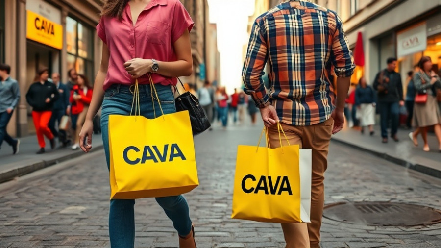 Shoppers with Cava bags in urban scene highlighting sales.