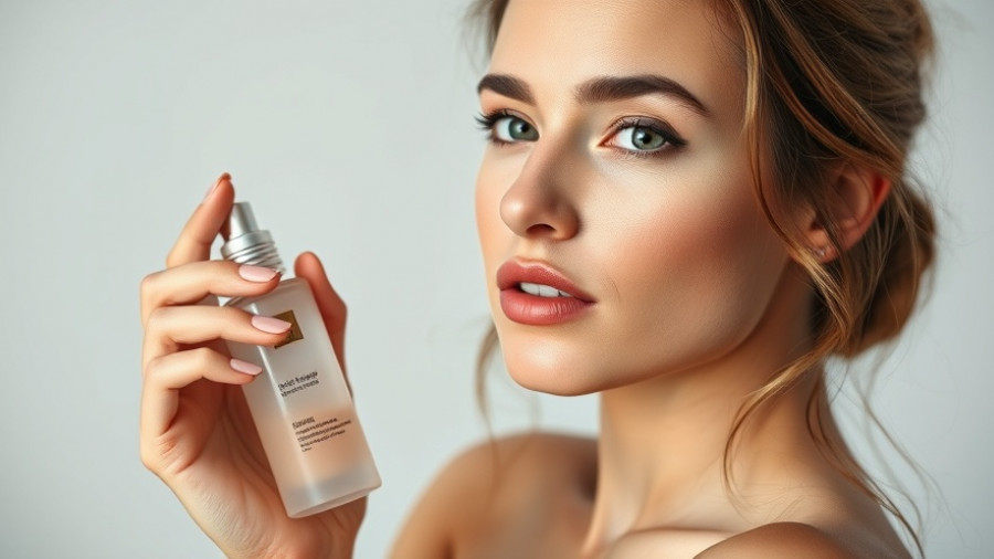 Elegant woman showcasing DUA skincare line product.