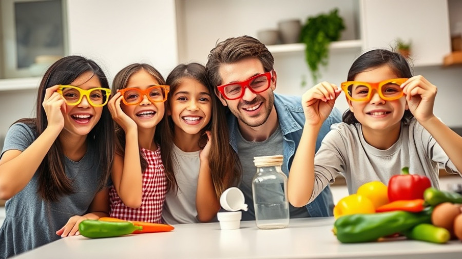 Family having fun with bell pepper slices in a vegetable-friendly kitchen.