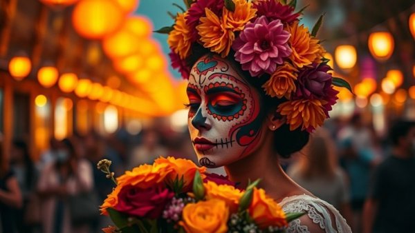Day of the Dead celebration in San Diego, colorful makeup and flowers.