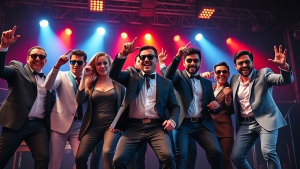 Live performance with performers in suits and dynamic lighting.