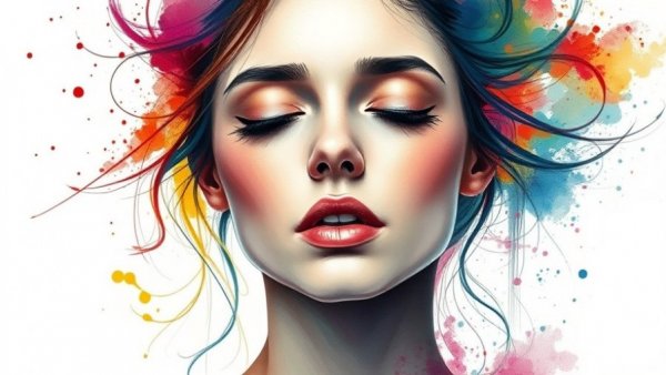 Emotional artistic portrait of a woman with abstract colorful hair, symbolizing coping with OCD.