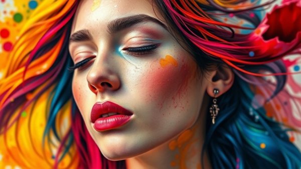 Vibrant abstract painting of woman with colorful hair expressing relieving OCD symptoms.