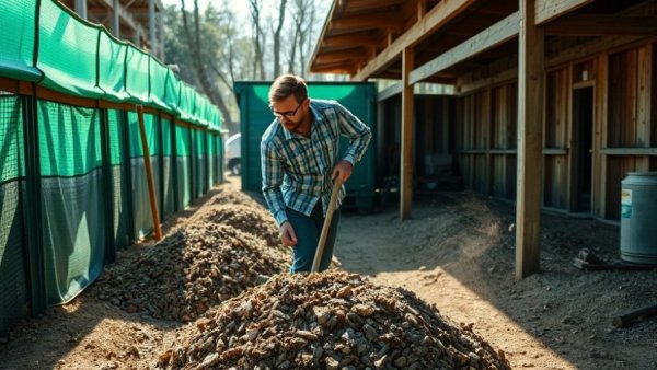 Man engaged in composting at a facility in California, representing composting initiatives.
