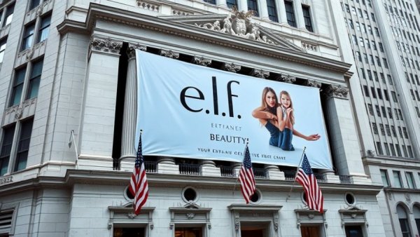 E.l.f. Beauty banner on NYSE building with American flags.