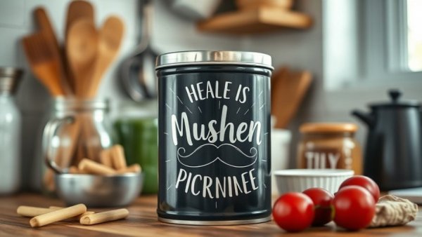 Men's health awareness black tin with mustache design on kitchen counter.