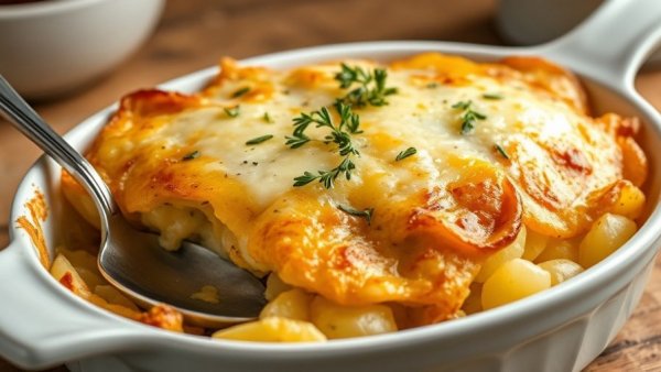 Golden scalloped potatoes with cheese and thyme in a white dish.