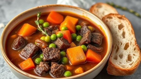 Mom’s Slow Cooker Beef Stew with veggies and bread in a bowl.