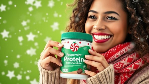 Cheerful woman with peppermint hot chocolate protein in a snowy setting.