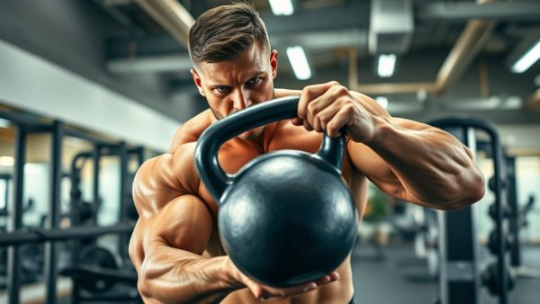 Determined man lifting kettlebell in gym to break through training plateau.