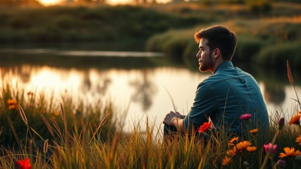 Contemplative man by a pond, reflecting on self-awareness.