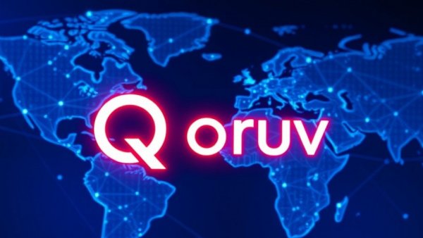 Qoruv.com digital marketing solution logo on world map with neon glow.