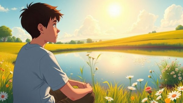 Contemplative young man by pond reflecting on health and wellness