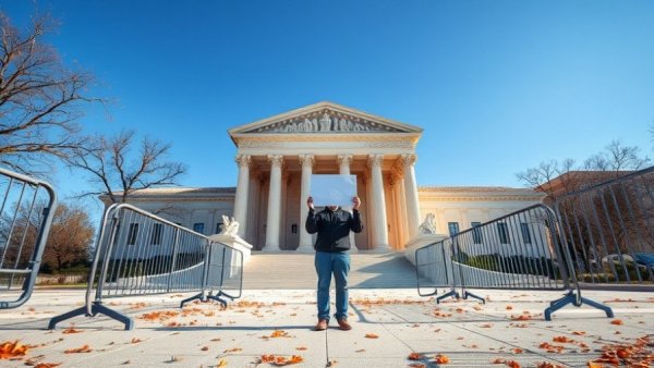 Man protests Trump’s tariffs Supreme Court ruling outside courthouse.