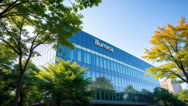 Illumina's corporate office building with lush greenery.