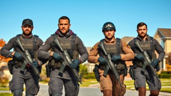 Armed officers patrol suburban area amid deposition videos release.