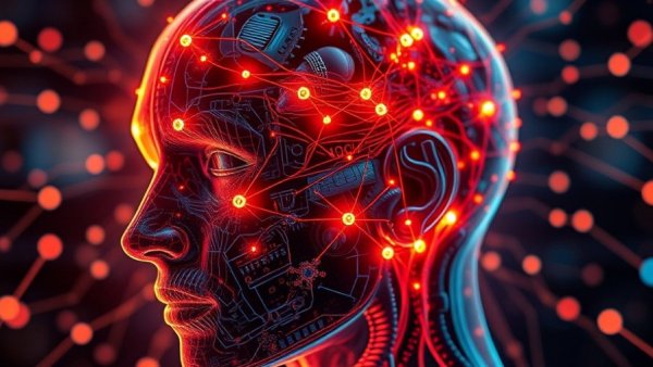 Futuristic depiction of circuits in a human head with glowing elements.