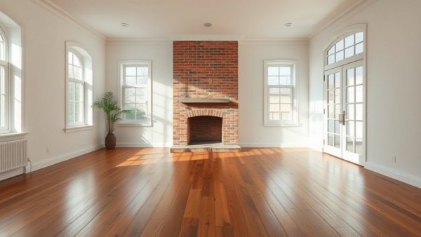 Spacious living room with wooden floor and white walls.