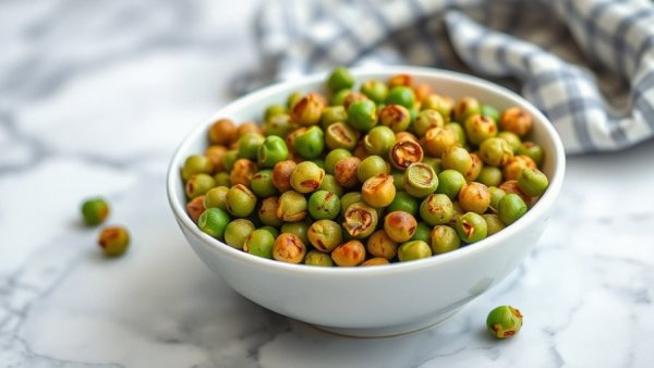 Crunchy roasted peas in a white bowl on a marble surface.