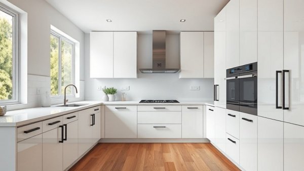 Modern kitchen with updated white cabinets and black handles.