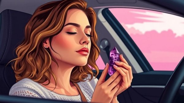 Mindfulness with Comfort Objects: Woman relaxing with crystal in car.
