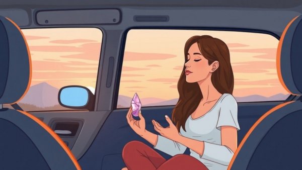 Woman practicing mindfulness in car with a crystal at sunset.