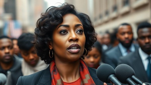 Letitia James confidently addressing media at press conference.