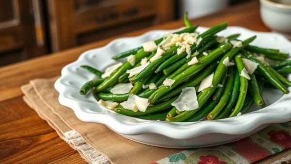 Italian Green Beans Recipe with parmesan on a decorative plate.