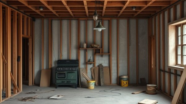 Coastal kitchen makeover, before state with stripped walls and old stove.