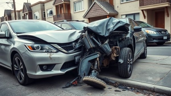 Severe car accident aftermath in San Diego, vehicles damaged.