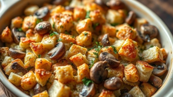 Healthy Thanksgiving stuffing with mushrooms and herbs in North County San Diego.