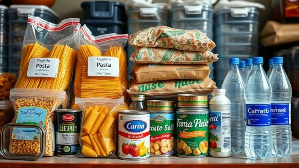 Community food drive items with pasta, cans, and water, illustrating local ways to give back.