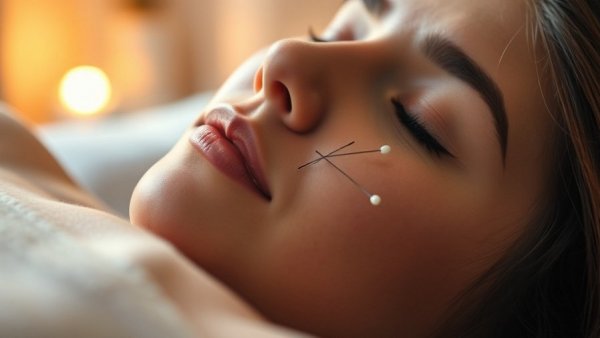 Acupuncture needles on neck promoting immunity in serene setting.