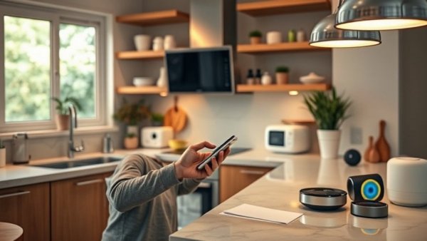 Smart home security devices in use in a modern kitchen.