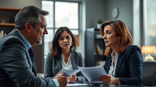 Tense couple discussing with a lawyer in modern office, questions to ask before hiring a family lawyer.