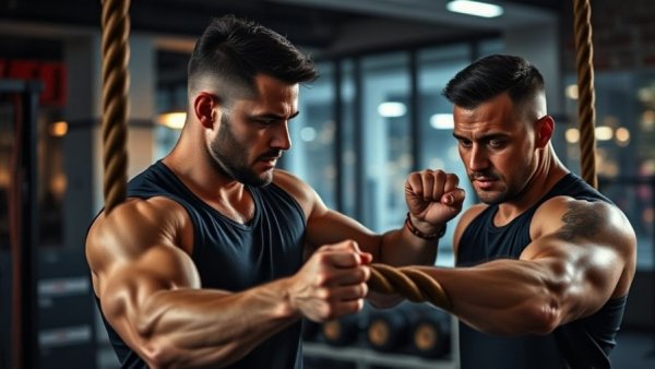 Intense workout with trainer and battle ropes in modern gym, prioritizing health.